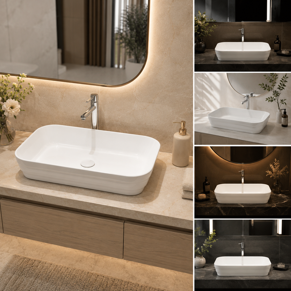 Rectangular Countertop Wash Basin | 20 × 14 × 5 Inches Designer Bathroom Sink – Glossy & Matte Finish White