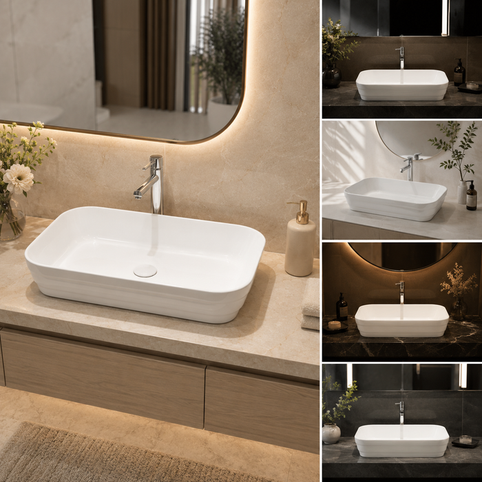 Rectangular Countertop Wash Basin | 20 × 14 × 5 Inches Designer Bathroom Sink – Glossy & Matte Finish White