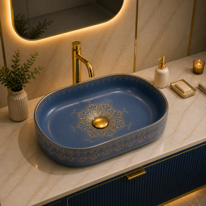 Designer Ceramic Wash Basin Gold Moroccan design | 21 x 14 x 6 In | Blue