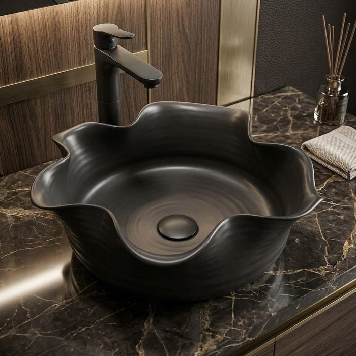 Designer Black Matte Flower Shape Ceramic Countertop Wash Basin | Modern Art Table Top Sink, 16 x 14 x 5 Inch