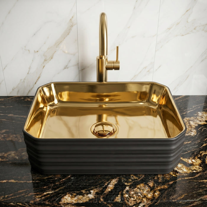 Bassino Luxury Gold Finish Countertop Wash Basin – Premium Black & Gold Ceramic Vessel Sink (18.1" x 13.4" x 4.7")