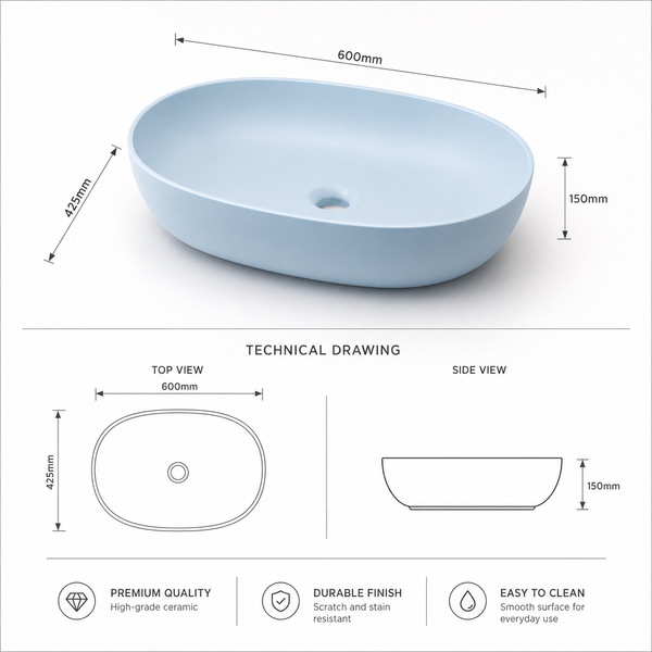 Designer Oval Countertop Wash Basin | (24" × 17" × 6" IN) Matte Finish Bathroom Sink Aqua Blue