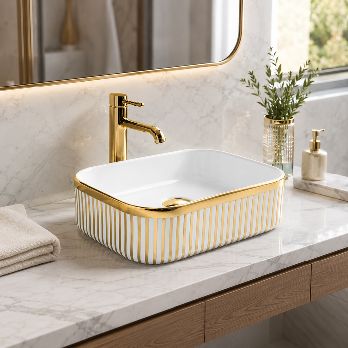 Designer Countertop Wash Basin | 16 × 12 × 6 Inch Luxury Bathroom Basin | Gold & Rose Gold Finish Variants Gold