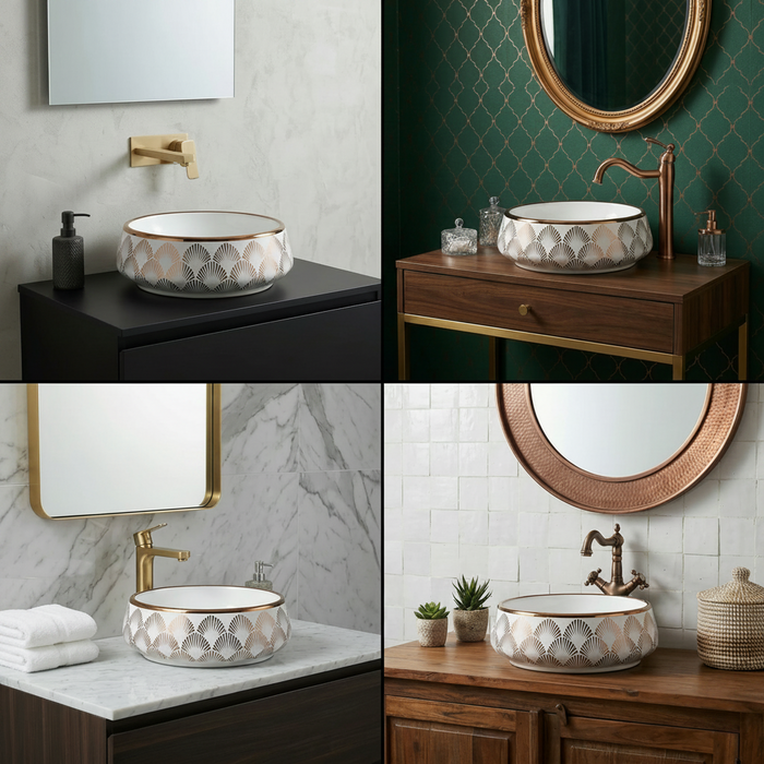 Luxury Round Ceramic Basin | Gloss Counter Top Wash Basin | 16x16x6 inch | White With Accents