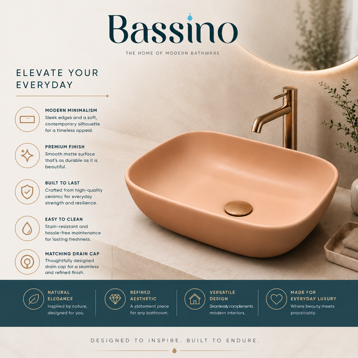 Bassino Matte Peach Countertop Wash Basin – Modern Ceramic Vessel Sink (17.9" x 12.8" x 5.5")
