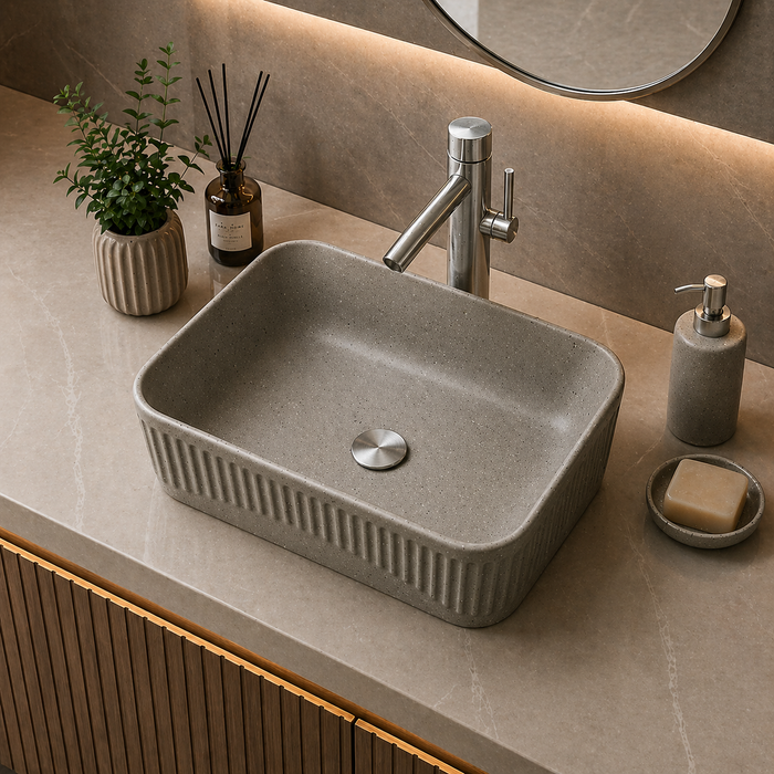 Bassino Grey Stone Textured Rectangular Countertop Wash Basin – Modern Ceramic Vessel Sink (20" x 14" x 5")