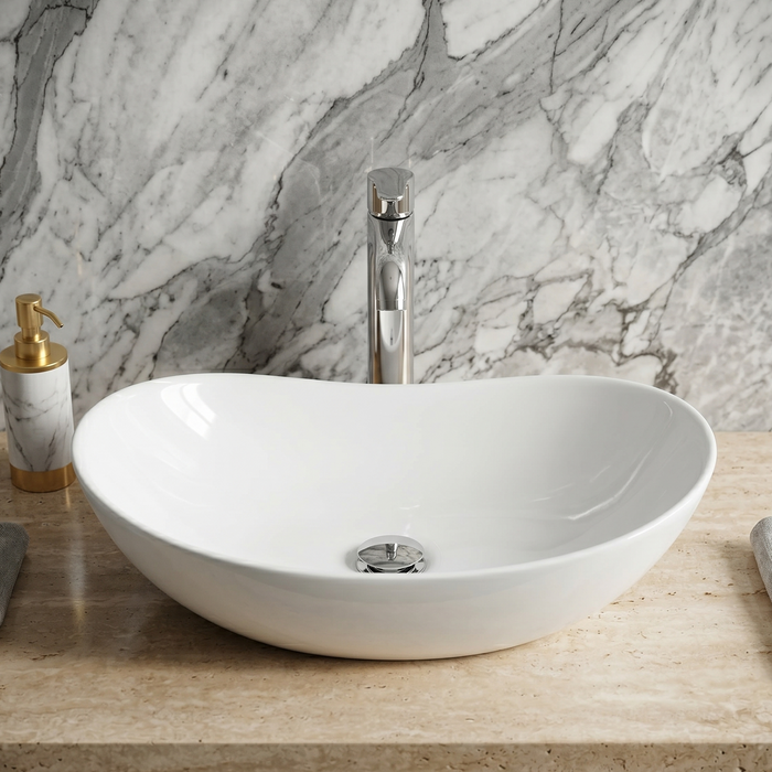 Bassino Modern Asymmetrical Oval Countertop Wash Basin (21" x 12" x 5") – Premium Ceramic Designer Vanity Sink