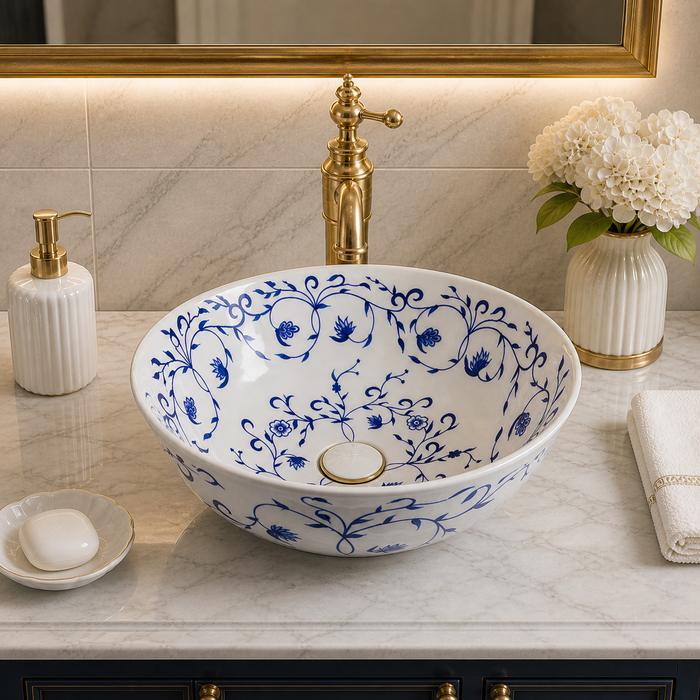 Bassino Floral Art Round Countertop Wash Basin – Designer Ceramic Vessel Sink (15.7" x 15.7" x 6.3")