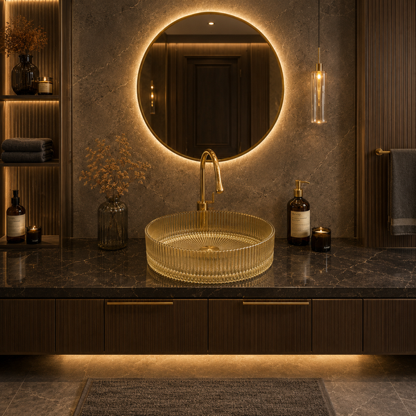 Bassino 16" Luxury Ribbed Glass Countertop Wash Basin – Premium Clear Gold Round Designer Vessel Sink (15.7" x 15.7" x 4.7")