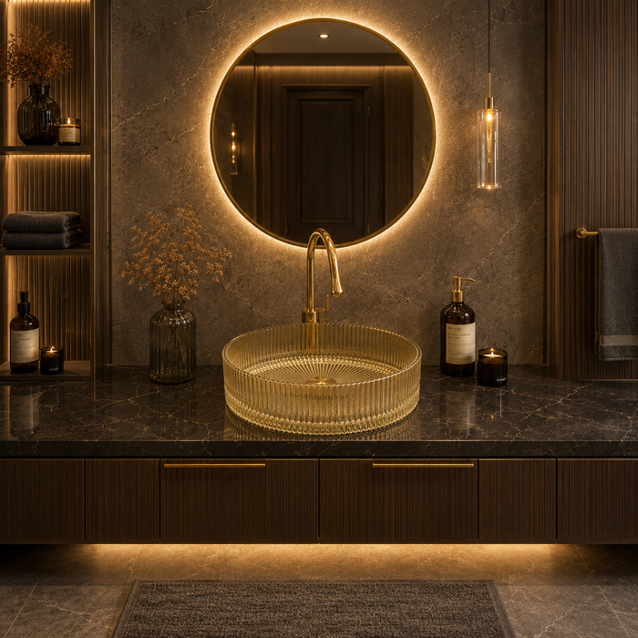 Bassino 16" Luxury Ribbed Glass Countertop Wash Basin – Premium Clear Gold Round Designer Vessel Sink (15.7" x 15.7" x 4.7")