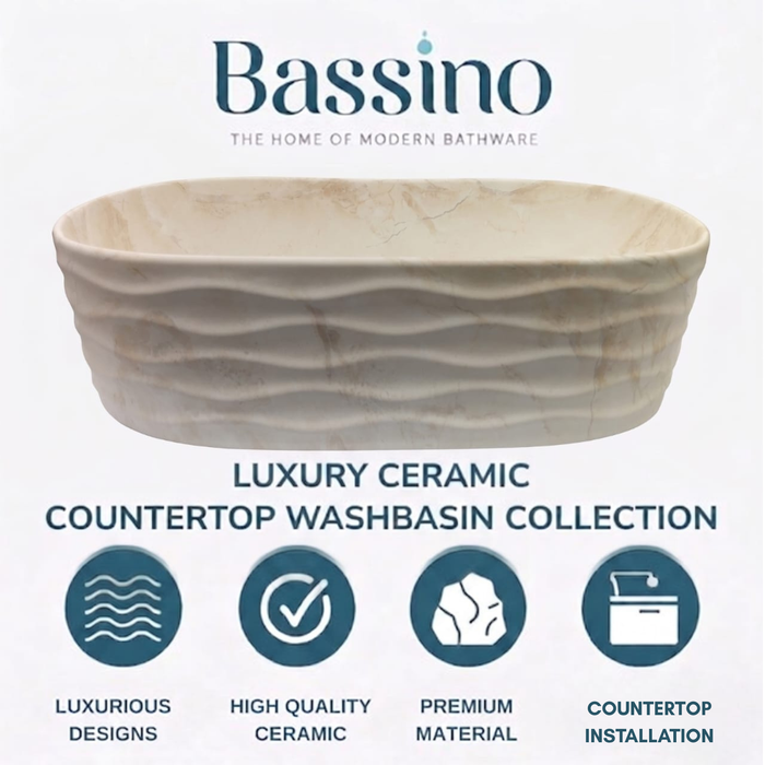 Bassino 20" Marble Finish Oval Ceramic Countertop Wash Basin – Designer Vessel Sink (20" x 12" x 6")