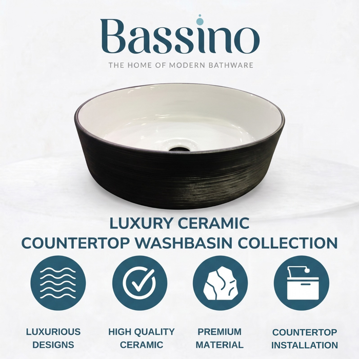 Bassino 16" Round Countertop Wash Basin – Black & White Luxury Ceramic Vessel Sink (15.7" x 15.7" x 5.5")