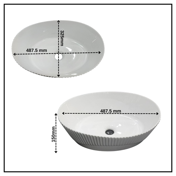 Bassino Textured Oval Countertop Wash Basin (19" x 13" x 6") – Premium Ceramic Sink with Ribbed Exterior Design