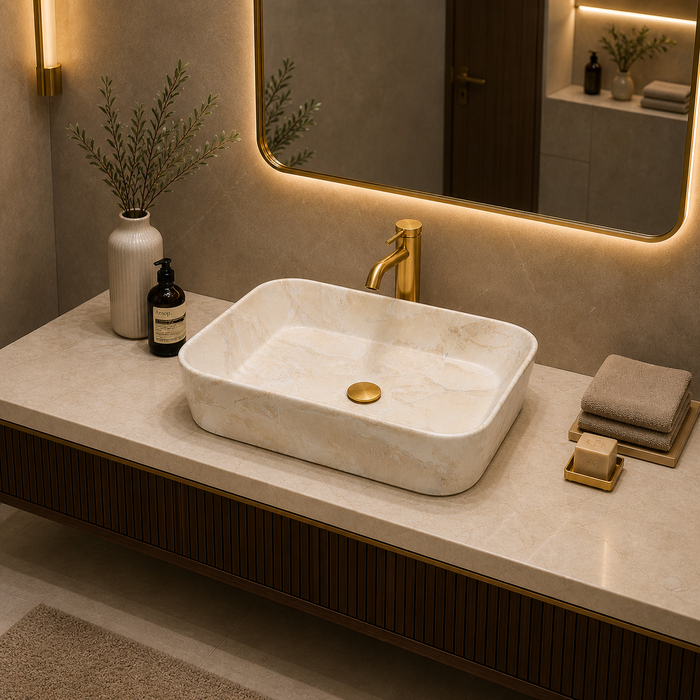 Bassino Marble Finish Rectangular Countertop Wash Basin – Premium Designer Vessel Sink (500 x 340 x 120 mm)