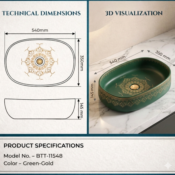 Designer Ceramic Wash Basin Moroccan design | 21 x 14 x 6 In | Green