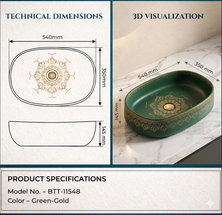 Designer Ceramic Wash Basin Moroccan design | 21 x 14 x 6 In | Green