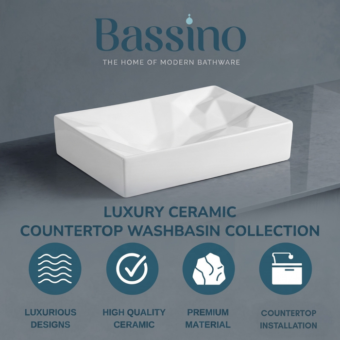 Bassino Rectangular Geometric Table Top Wash Basin | Premium Countertop Ceramic Bathroom Sink | 22 x 14 x 5 Inch