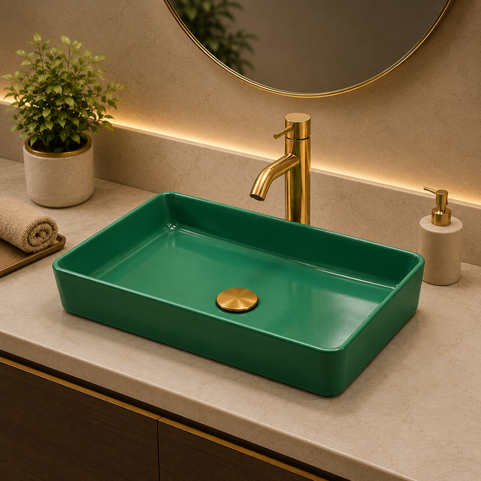 Bassino 24" Green Rectangular Countertop Wash Basin – Modern Luxury Ceramic Vessel Sink (23.6" x 13.8" x 4.3")