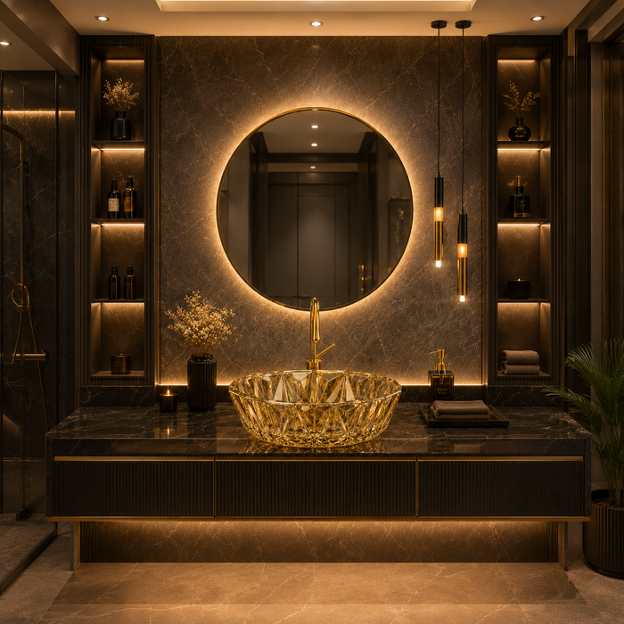 Bassino 16" Luxury Crystal Cut Countertop Wash Basin – Premium Golden Glass Designer Vessel Sink (15.9" x 15.9" x 5.1")