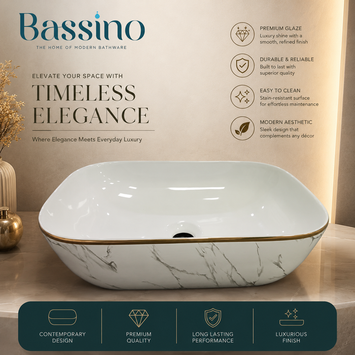 Bassino Marble Finish Table Top Wash Basin | Premium Countertop Ceramic Bathroom Sink | White Basin with Gold Rim 18 x 13 x 5 Inch