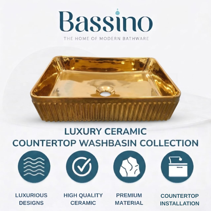 Luxury Rose Gold Countertop Wash Basin | Designer Rectangular Table Top Basin | (19" × 13" × 4" In)