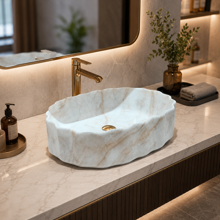 White Marble Design Ceramic Countertop Wash Basin – Luxury Unique Shape Table Top Basin (20" x 15" x 5.5")
