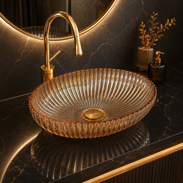 Premium Glass Table Top Wash Basin, Transparent Finish (530x350x150 MM) Rose gold