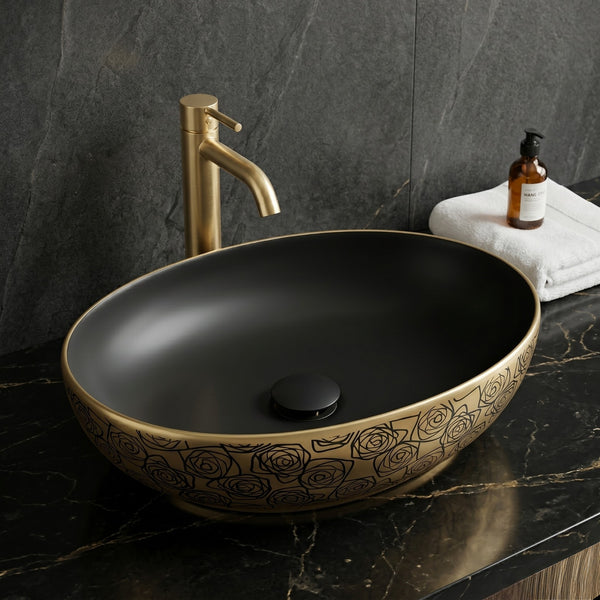 Premium Designer Ceramic Table Top Wash Basin, Matt Black with Gold Pattern (20 x 16 x 5.5 In) EQP-1047