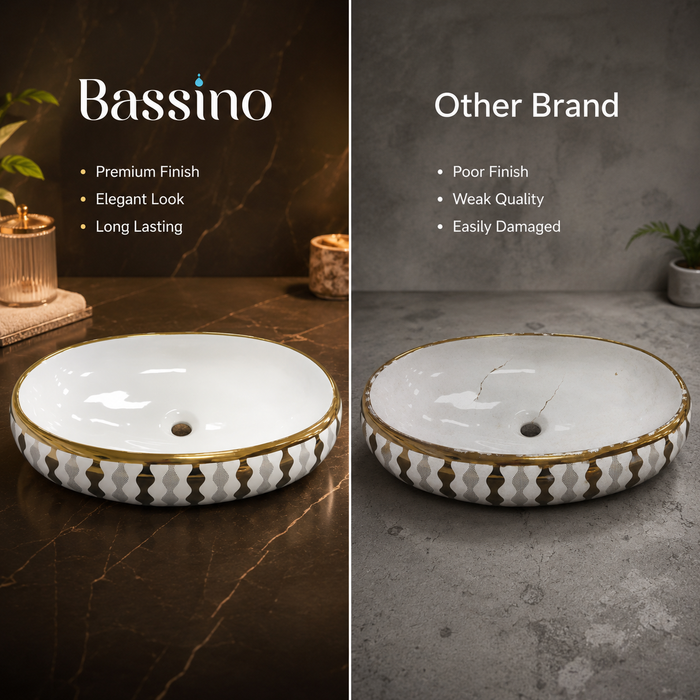 Bassino Oval Designer Countertop Wash Basin – Luxury White & Gold Ceramic Vessel Sink (23.6" x 15.7" x 5.9")