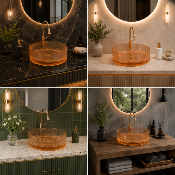 Bassino 16" Luxury Ribbed Glass Countertop Wash Basin – Premium Amber Gold Round Designer Vessel Sink (15.7" x 15.7" x 4.7")