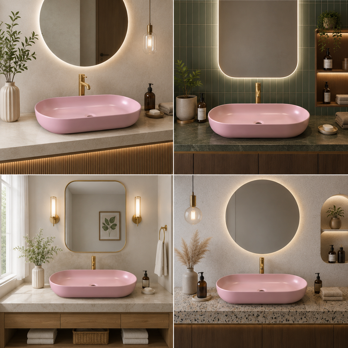Bassino Oval Table Top Wash Basin | Premium Countertop Ceramic Bathroom Sink | Matte Pink Vessel Basin | 31 x 16 x 5 Inch