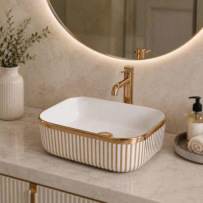 Designer Countertop Wash Basin | 16 × 12 × 6 Inch Luxury Bathroom Basin | Gold & Rose Gold Finish Variants Rose gold