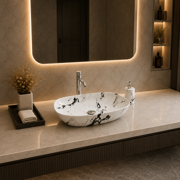 Bassino 24" Marble Pattern Oval Countertop Wash Basin – Premium Ceramic Vessel Sink, White & Black Marble Finish (23.6" x 15" x 5.5")
