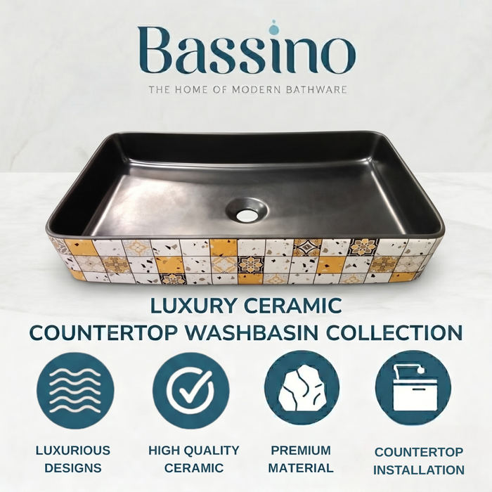 Bassino 24" Rectangular Countertop Wash Basin – Designer Mosaic Ceramic Vessel Sink (23.6" x 13.8" x 4.3")