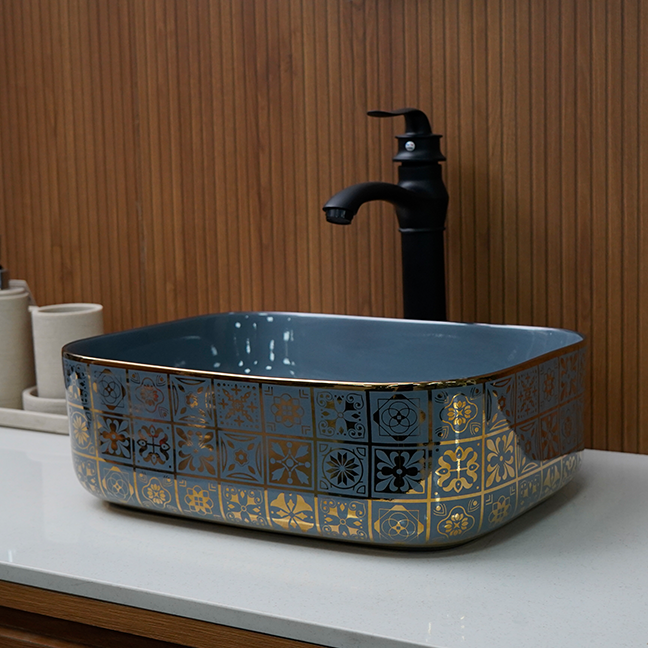 Designer Table Top Basin (16 x 12 x 6 In) BTT-11371-IN,Grey-Gold