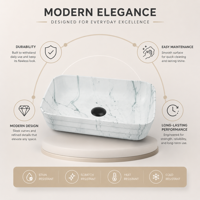 Glossy Marble Finish Rectangular Countertop Bathroom Sink Wash Basin (20" × 14" × 5" IN) White