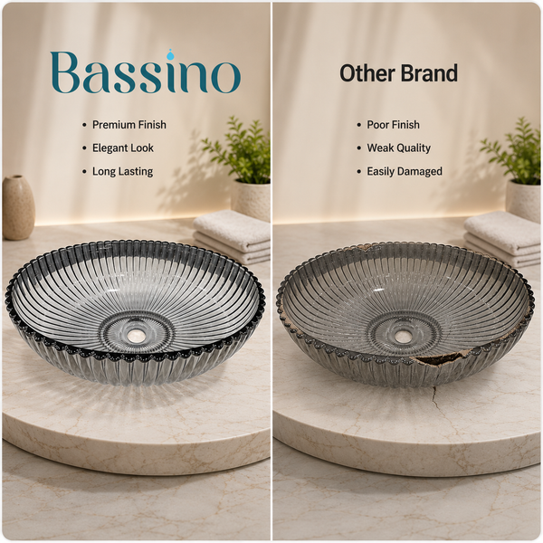 Bassino 20" Luxury Crystal Fluted Glass Countertop Wash Basin – Premium Smoky Black Oval Designer Vessel Sink (20.1" x 13.8" x 5.9")