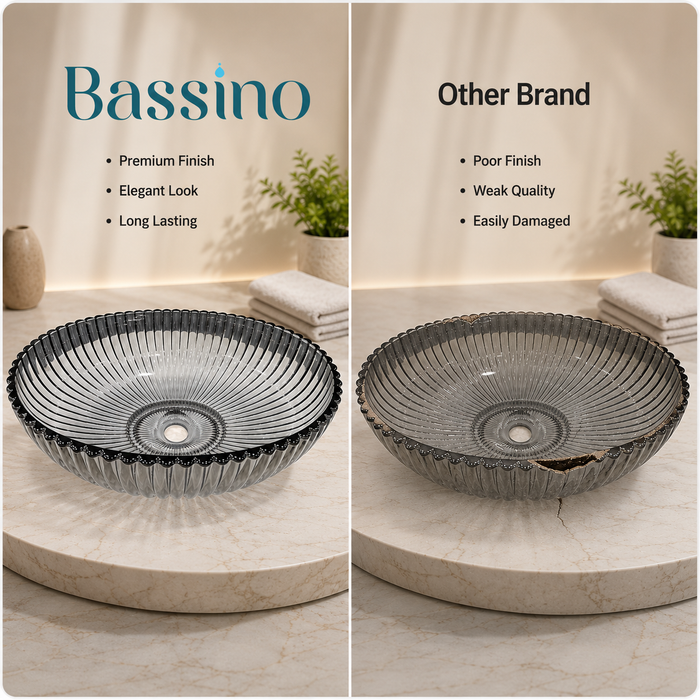 Bassino 20" Luxury Crystal Fluted Glass Countertop Wash Basin – Premium Smoky Black Oval Designer Vessel Sink (20.1" x 13.8" x 5.9")