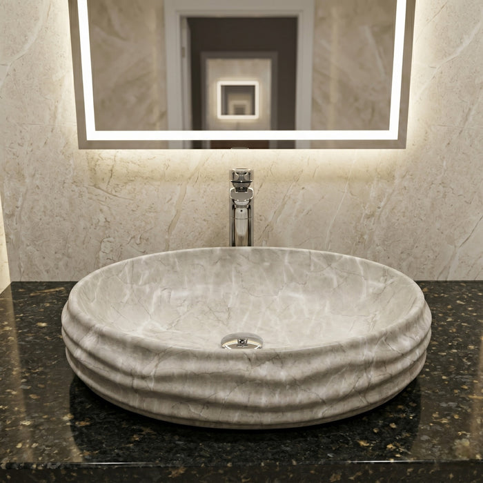 Glossy Marble Oval Countertop Wash Basin | (22" × 14.5" × 6.1" IN) Matt Marble Grey