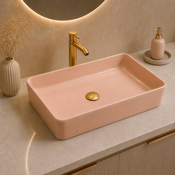 Bassino 24" Matte Pink Ceramic Countertop Wash Basin – Modern Rectangular Vessel Sink (24" x 14" x 5")