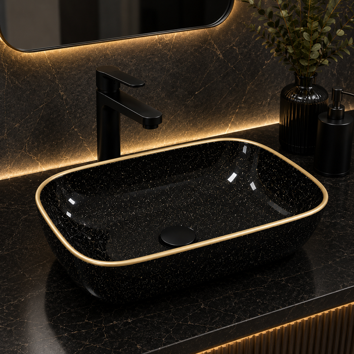 Bassino Black & Gold Rectangular Countertop Wash Basin – Premium Ceramic Vessel Sink (17.9" x 12.6" x 5.3")