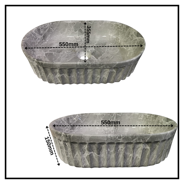 Bassino Grey Marble Textured Countertop Wash Basin – Luxury Oval Vessel Sink (22" x 14" x 6")