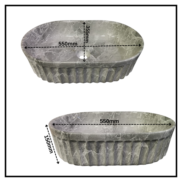 Bassino Grey Marble Textured Countertop Wash Basin – Luxury Oval Vessel Sink (22" x 14" x 6")