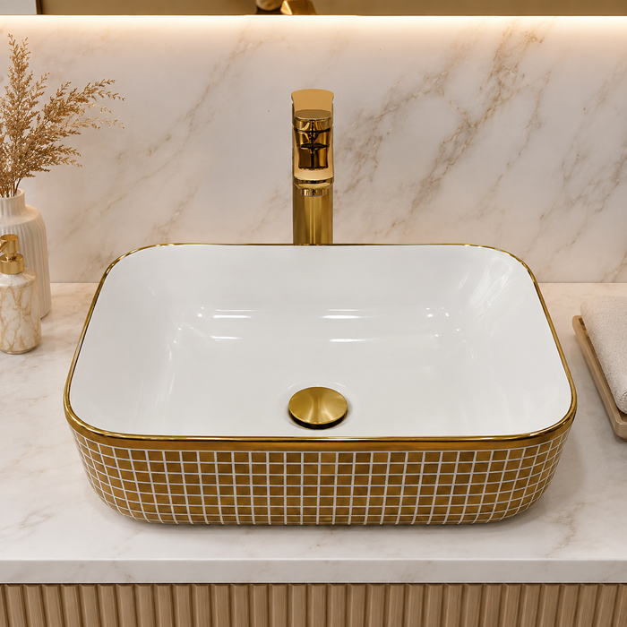 Bassino 16" x 12" Luxury Rectangular Countertop Wash Basin – White & Gold Designer Ceramic Vessel Sink (15.7" x 11.8" x 5.5")