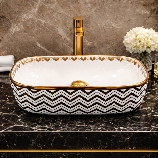 BASSINO Chevron Heart Gilded Ceramic Vessel Sink (18 x 13 x 6 Inches)