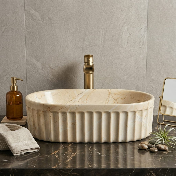 Designer Table-Top Basin | Gloss Marble Ceramic Basin | 22x14.2x6 inch | Beige Marble