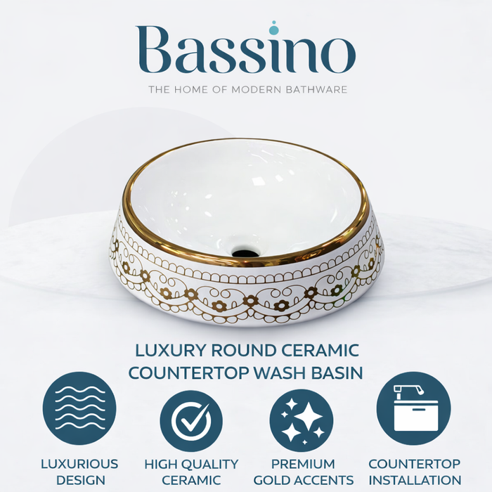 Luxury Round Ceramic Basin | Gloss Counter Top Wash Basin | 16x16x6 inch | White With Gold Detailing