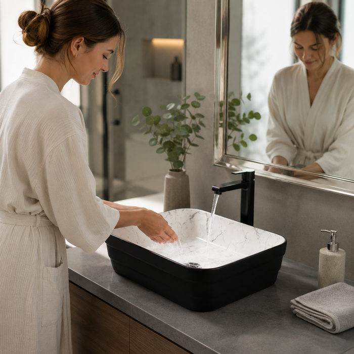 Double Color Matt Marble Bathroom Sink Rectangular Countertop Wash Basin (20" × 14" × 5"IN) Black