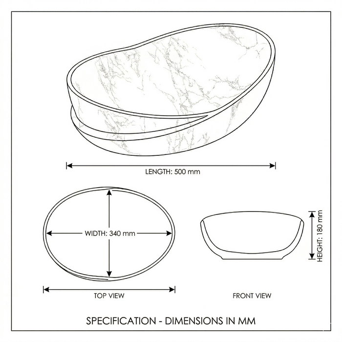 Bassino Luxury Designer Counter Top Wash Basin | 20x13x7Inch | White Marble | Glossy