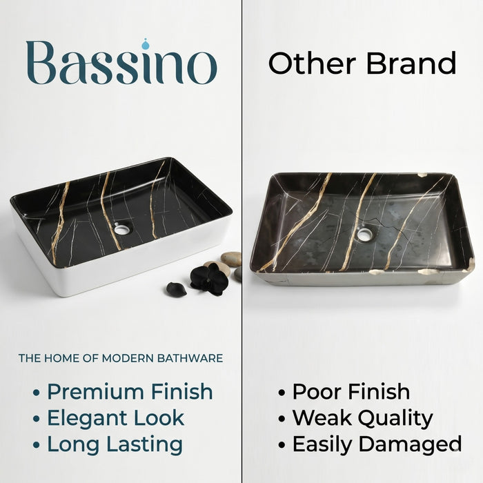Bassino Luxury Rectangular Countertop Wash Basin – Black Marble Finish Ceramic Vessel Sink (23.6" x 13.8" x 4.3")